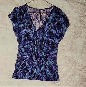 New York & Company Blue and Turquoise Feather Print Blouse